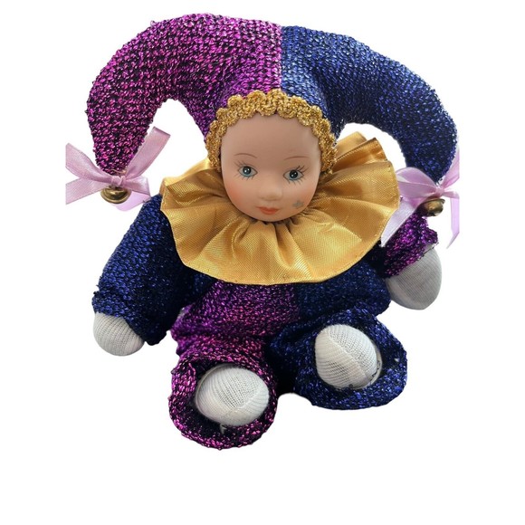 Mardi Gras Jester Porcelain Head Cloth Limbs Doll Vtg. Purple Gold Metallic 8" - Picture 2 of 4